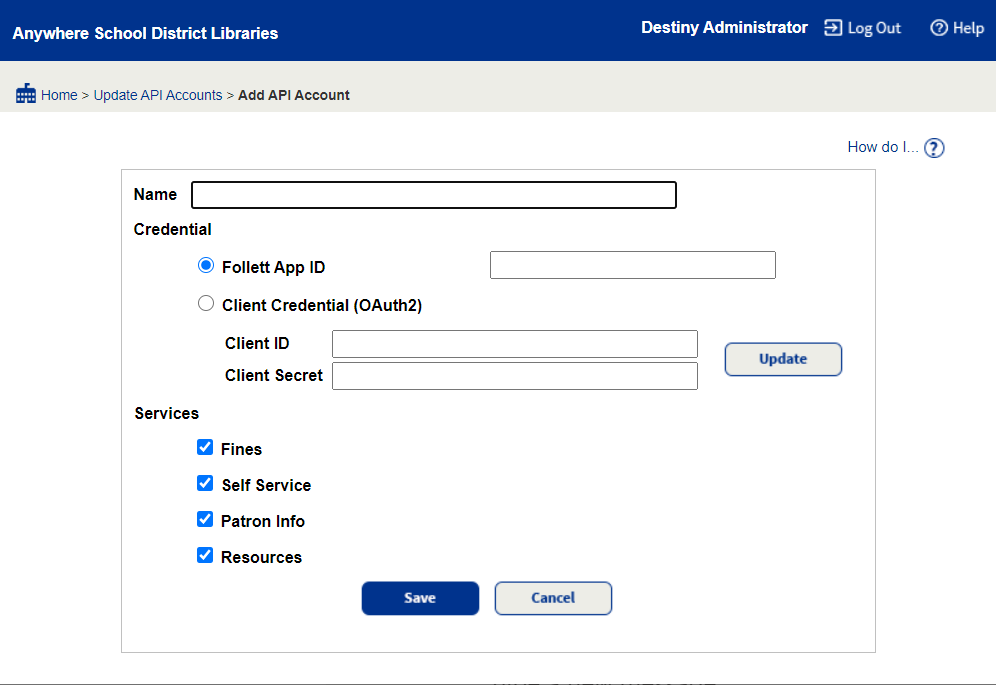 Add API Account page.