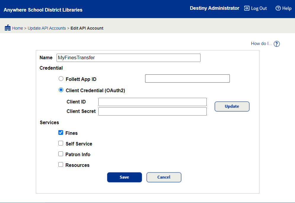 Edit API Account page.