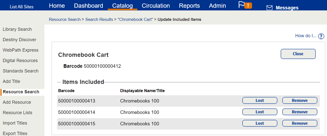 Included items in a container that can be marked lost or stolen.