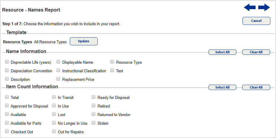 Report builder step 1 for Resource Manager.